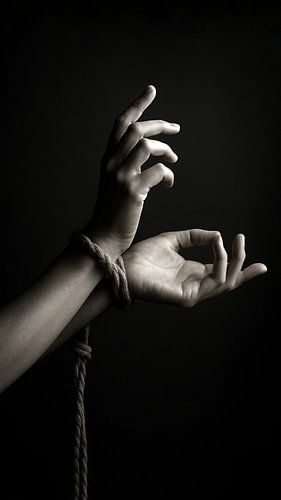 Abstract black and white art photography of hands with rope - symbol of strength and vulnerability