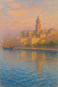 Málaga Hafen & er Kathedrale Sonnenuntergang – Küste Spaniens Impressionistische Meereslandschaft