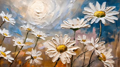 Moderne Abstraktion: Feld mit weißen Margeriten im Impasto-Stil von Studio Pieternel