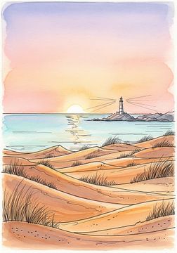 Aquarellmalerei von Sanddünen, Meer, Leuchtturm und Sonnenstrahlen von Markus Gann