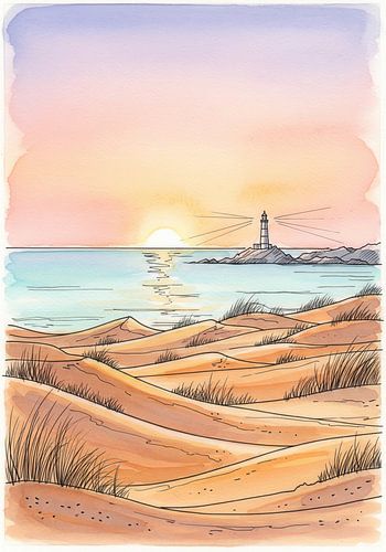 Aquarel schilderij van zandduinen, oceaan, vuurtoren en zonsopgang