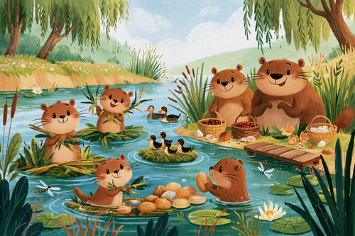 A cheerful family of otters enjoying a picnic by the stream in summer