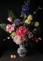 Still life with flowers in Baroque atmosphere in delfs-blue vase