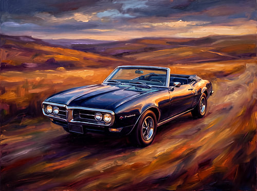 Pontiac Firebird unter einem lodernden Himmel