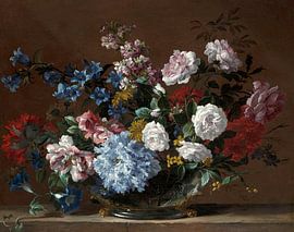 A still life of flowers in a silver vase on a stone ledge, Jean-Baptiste Monnoyer