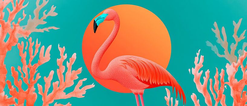 Flamingo in front of a coral-orange coloured sun by Poster Art Shop