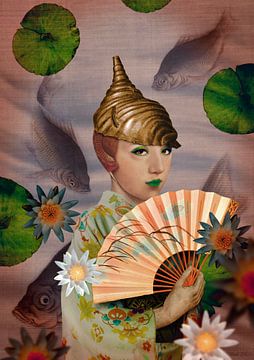Japanese beauty with lotus flower, kimono, fan and fish