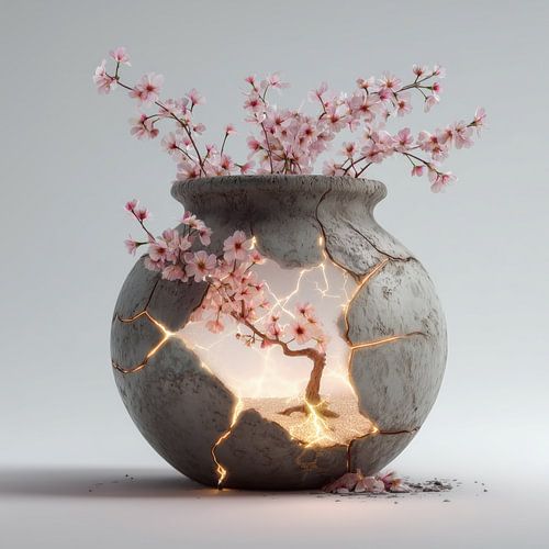 Fleurs de cerisier Sakura dans un pot en pierre sur TheXclusive Art