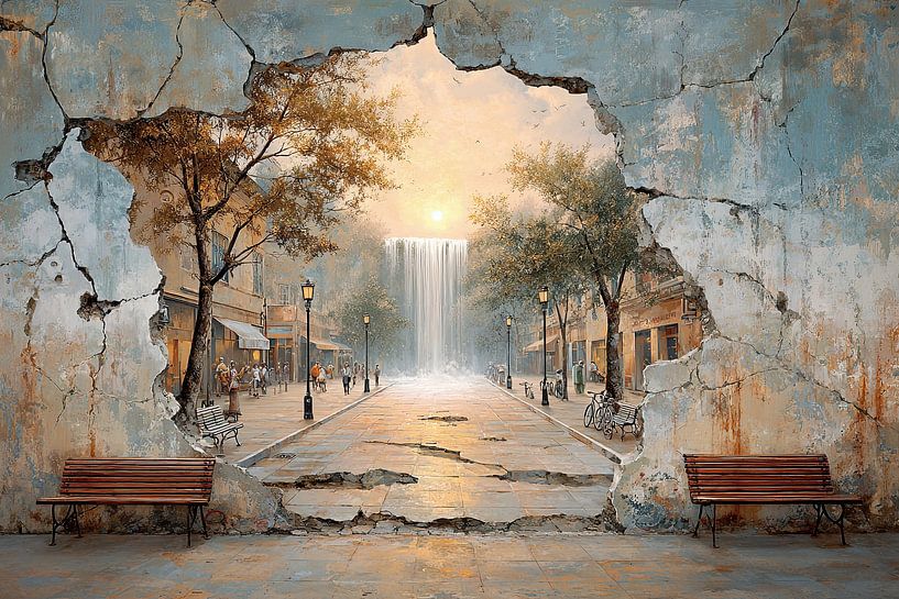 Straßenszene mit Wasserfall - Verträumte Stadtmalerei von BowiScapes Abstrakt und digitale Kunst