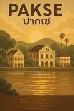Pakse Vintage Poster - Französische Kolonialarchitektur & Mekong Fluss Kunst