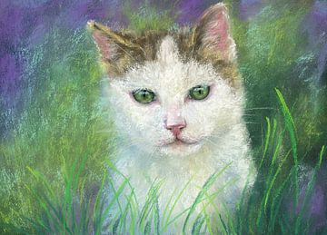 Nieuwsgierige Kat in de Groene Weide Pastel Schilderij van Karen Kaspar