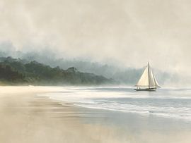 Segelboot, neblige Meereslandschaft von IamHome Studio