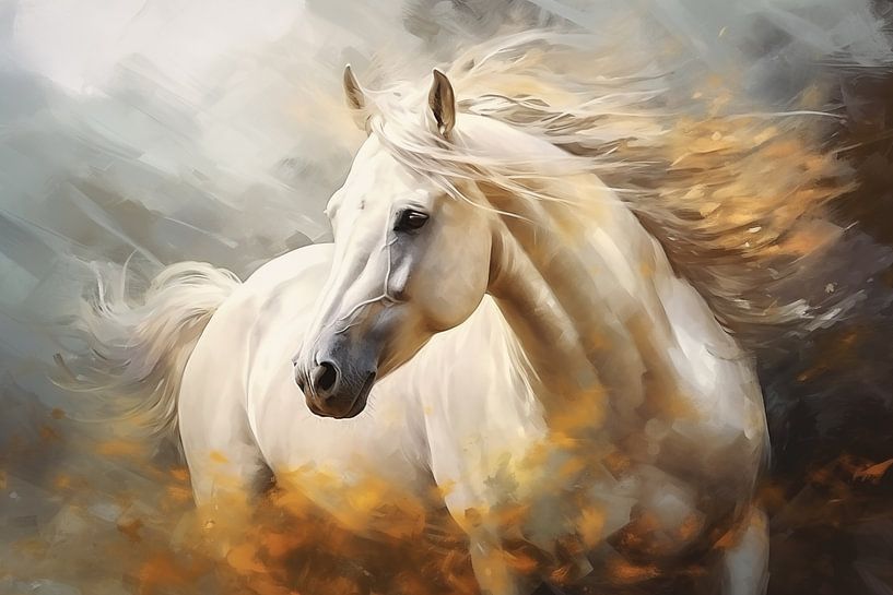 Fond artistique abstrait avec un cheval blanc, en design peinture à l'huile par Animaflora PicsStock