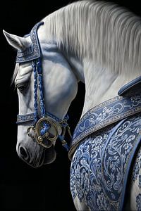 Pferd - Grau mit Delfter Blauem Pferdegeschirr von Marianne Ottemann - OTTI