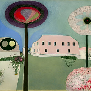 Rosa Haus mit seltsamen Blumen