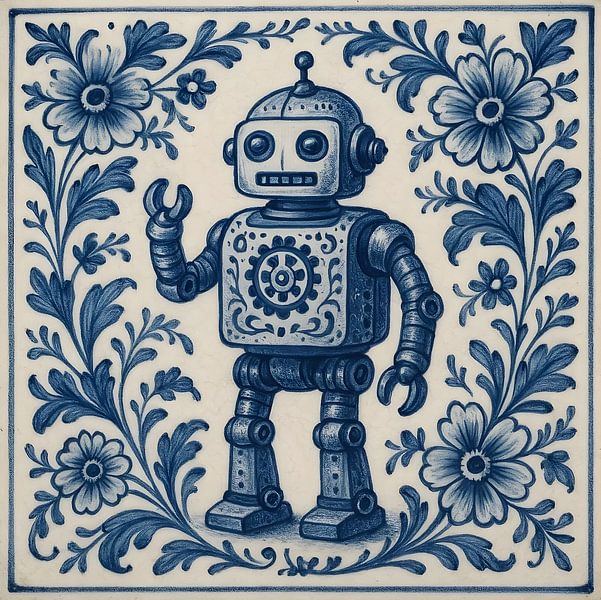 Blaue Delfter Kachel Roboter von FoXo Art