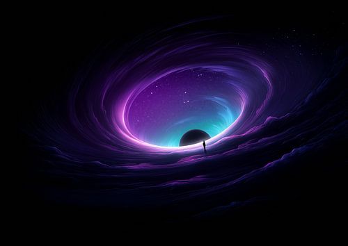Eenzame figuur aan rand van paarse kosmische draaikolk