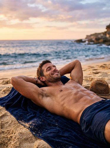 Man Relaxing on the Beach at Sunset