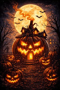 La maison hantée des citrouilles sous la pleine lune sur Bocil Kespleng