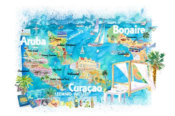 Aruba Bonaire Curacao Carte de voyage illustrée des îles avec routes