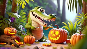 Halloweenpret met een krokodil in de enge jungle van artefacti