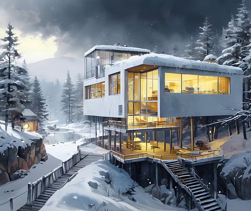 Modern huis in een winters bos