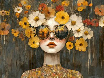 Bloemen vrouw | Vrouw en kleurrijke bloemenkrans van Kunst Kriebels