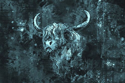 Liggend formaat hooglander in blauw zwart - onderdeel van drieluik