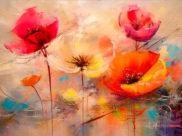 Mixed Media schilderij met Klaprozen in het veld van Studio Pieternel