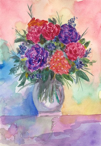 Roses rouges et violettes dans un vase par Sebastian Grafmann