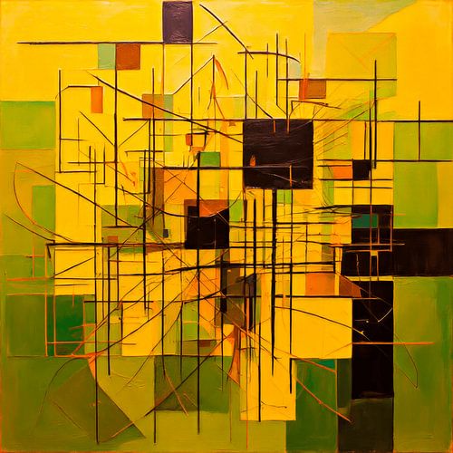 Abstract geometrisch lijnenspel in geel, groen en zwart