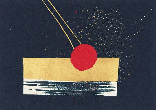 Abstracte compositie: rood, goud, donkerblauw