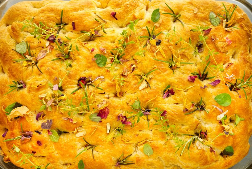 Focaccia Bread with Herbs and Edible Flowers by Iris Holzer Richardson