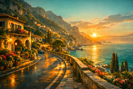 1. Titel      Romantischer Sommerabend an der Amalfiküste – Mediterranes Gassen-Wandbild