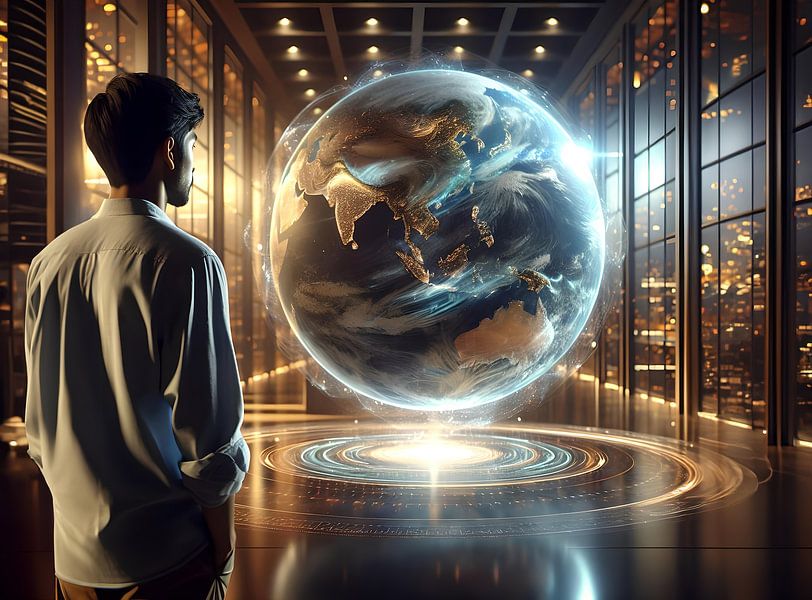 Homme d'affaires regardant un hologramme de la terre par Eye on You