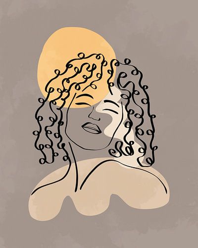 Line drawing of a woman with long curly hair and three organic shapes in yellow and grey