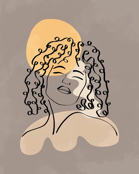 Line drawing of a woman with long curly hair and three organic shapes in yellow and grey by Tanja Udelhofen