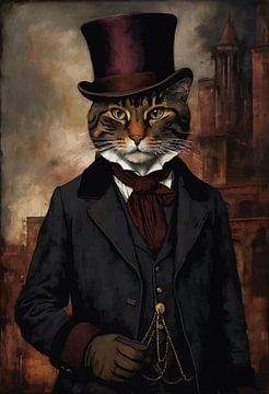 Chat dans un portrait de l'époque des vêtements de la révolution industrielle