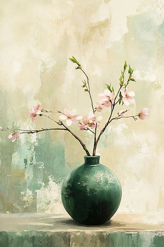 Green vase with blossom