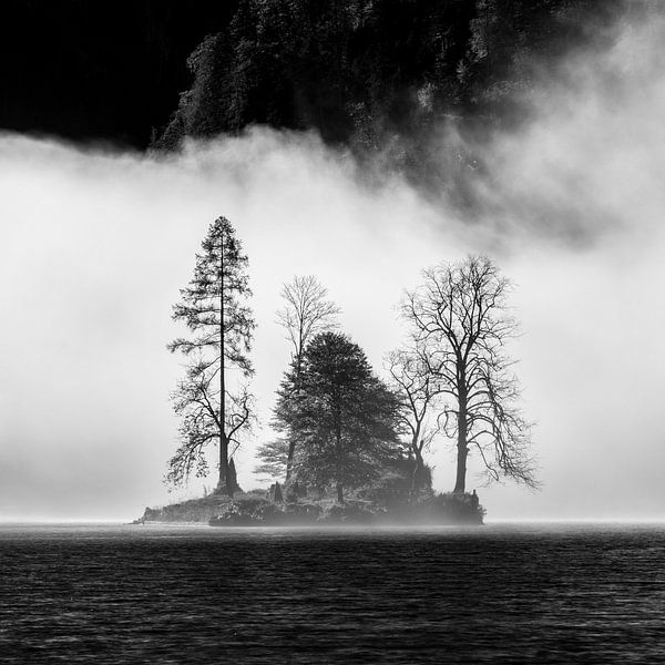 Eiland in mist in de Königssee van Martin Podt