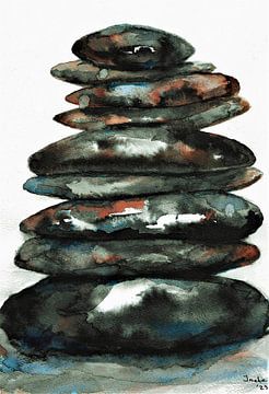 Rotsstenen in balans. Japandi / Wabi Sabi/ Aquarel handgeschilderd. van Ineke de Rijk
