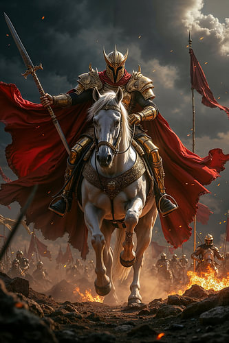 Dark Fantasy Wandbild: ARCADION - Der goldene Ritter auf seinem weißen Pferd
