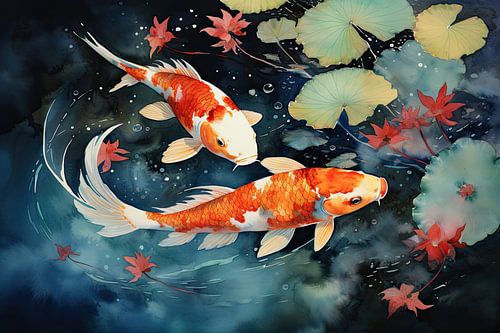 Aquarel van twee koi karper vissen en waterlelies