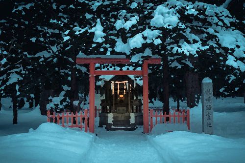 Altar und Torii in einem verschneiten Wald von Mickéle Godderis