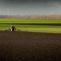 Trekker met ploeg in herfstlicht