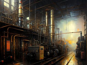 A dark factory hall with pipes and machinery by Retrotimes