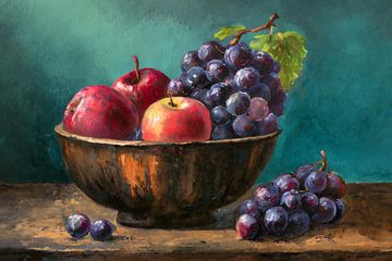 Braune Obstschale gefüllt mit Äpfeln und Weintrauben von Jan Bouma