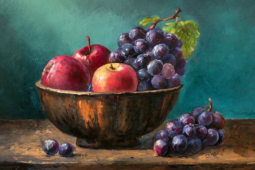 Brown fruit bowl filled with apples and grapes