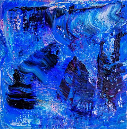 Abstract olieverf schilderij, blauw, van diep donkerblauw tot helderder lichtblauw.