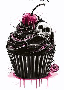Schwarzer Cupcake mit Totenkopf und Kirsche